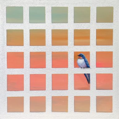 Pájaro azul posado sobre una estructura de cuadrículas coloridas de fondo.