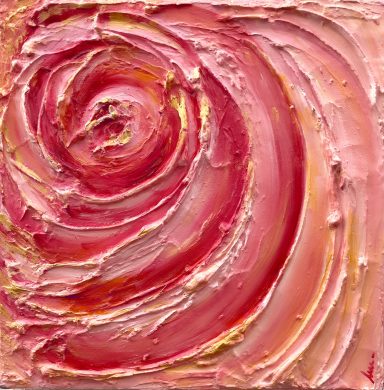 Texto abstracto en tonos de rosa que forma una espiral.