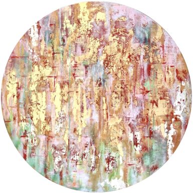 Arte abstracto en tonos dorados, rosas y verdes, con textura y patrones fluidos.