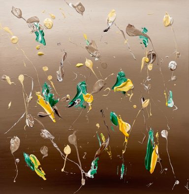 IMPULSO-ARRAIGO Pintura abstracta con manchas de verde, amarillo y gris sobre fondo marrón.