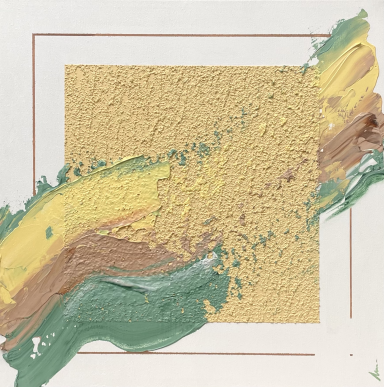 Textura abstracta con tonos amarillos, verdes y marrones en un fondo claro.