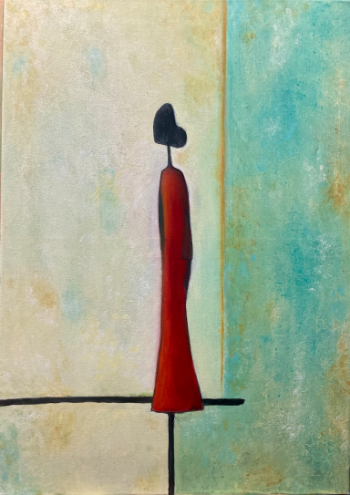 Figura estilizada de mujer en rojo sobre fondo azul y amarillo.