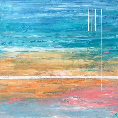 Estilo abstracto con tonos azules, naranjas y líneas blancas horizontales y verticales.