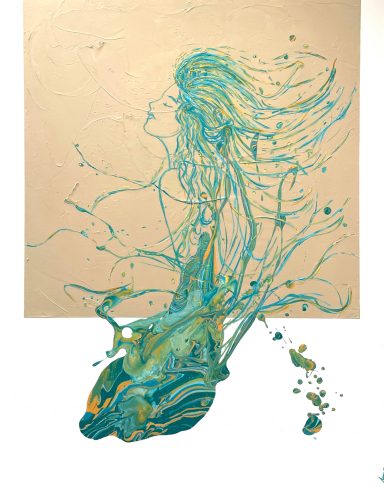 Perfil femenino con cabello ondulado en tonos azules y verdes sobre fondo claro.
