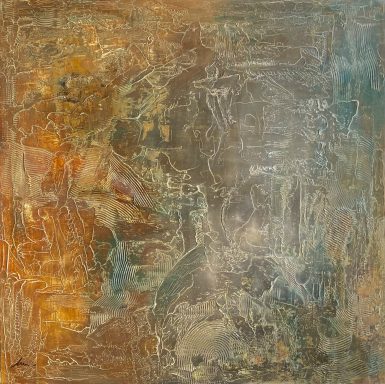 Textura abstracta con tonos cálidos y fríos, fusionando matices de naranja y azul.