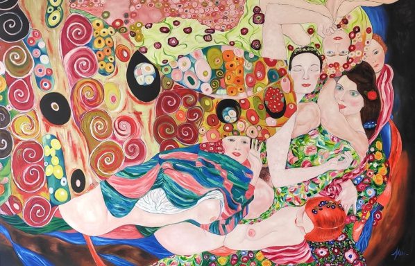 Mujeres desnudas con decoraciones florales en un fondo vibrante y colorido.