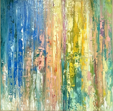 Patrón abstracto con franjas de colores azul, amarillo, naranja y verde.