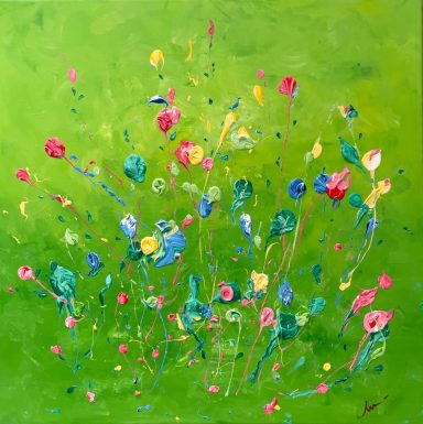 IMPULSO-RESONANCIA Colorida pintura de flores sobre un fondo verde vibrante.