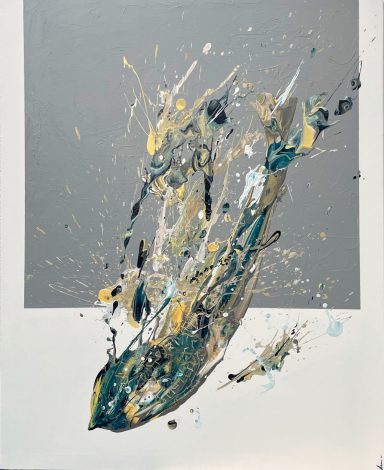 Abstracto en tonos azules y amarillos, con salpicaduras sobre fondo gris.