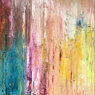 Fondo abstracto con tonos vibrantes de azul, rosa, amarillo y texturas dinámicas.