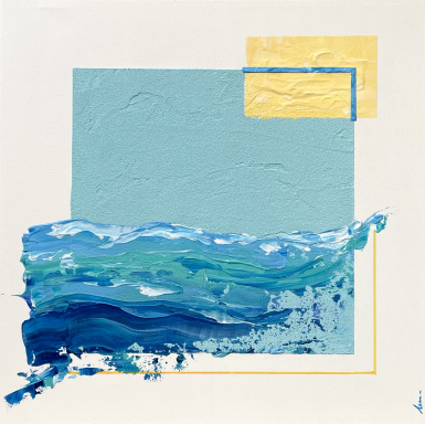 Composición abstracta con tonos azules y amarillos que evoca el mar.