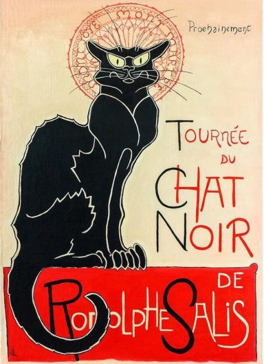 Cartel del "Chat Noir" con un gato negro y el texto en rojo.