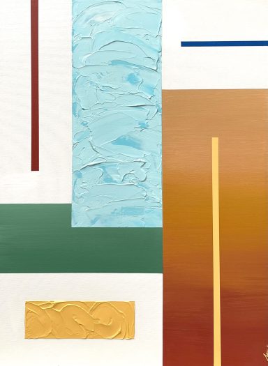 Composición abstracta con formas geométricas y una paleta de colores variados.