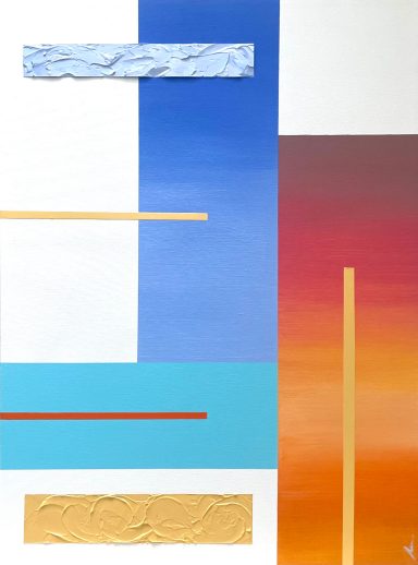 Composición abstracta con franjas de color azul, naranja, rojo y texturas variadas.