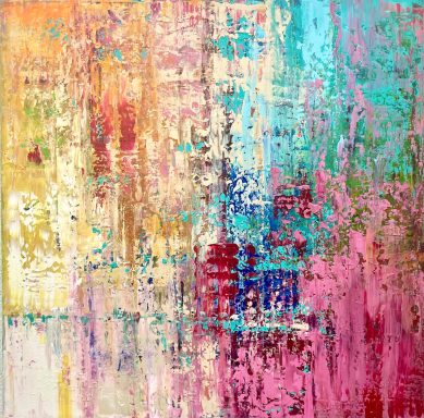 Pintura abstracta con colores vibrantes en tonos amarillos, azules y rosas.