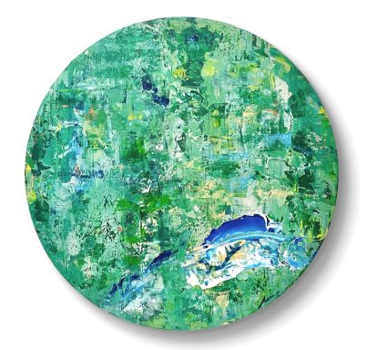 Superficie circular en tonos verdes y azules, con textura abstracta y detalles sofisticados.